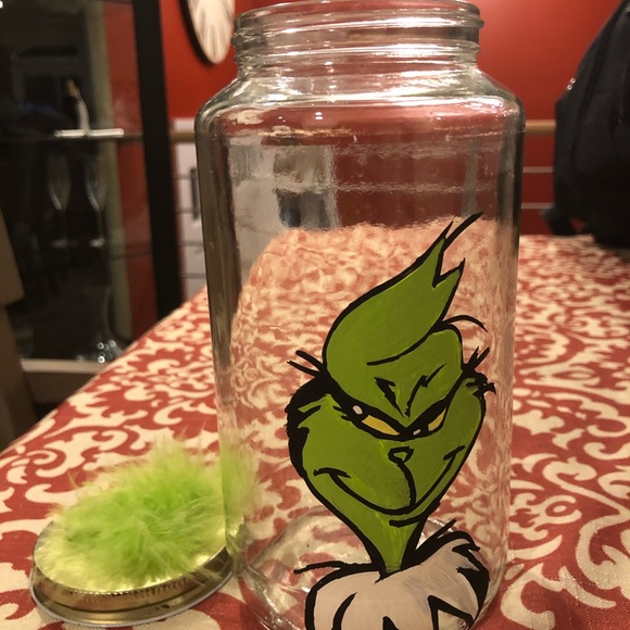 HAND CRAFTED hand painted Grinch Christmas Jar - Picture 2 of 4
